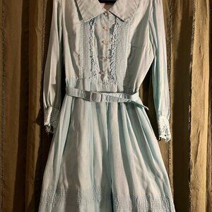 Vintage Prairie Dress | Cottagecore Mint Green Lace Button Midi | Belted Waist